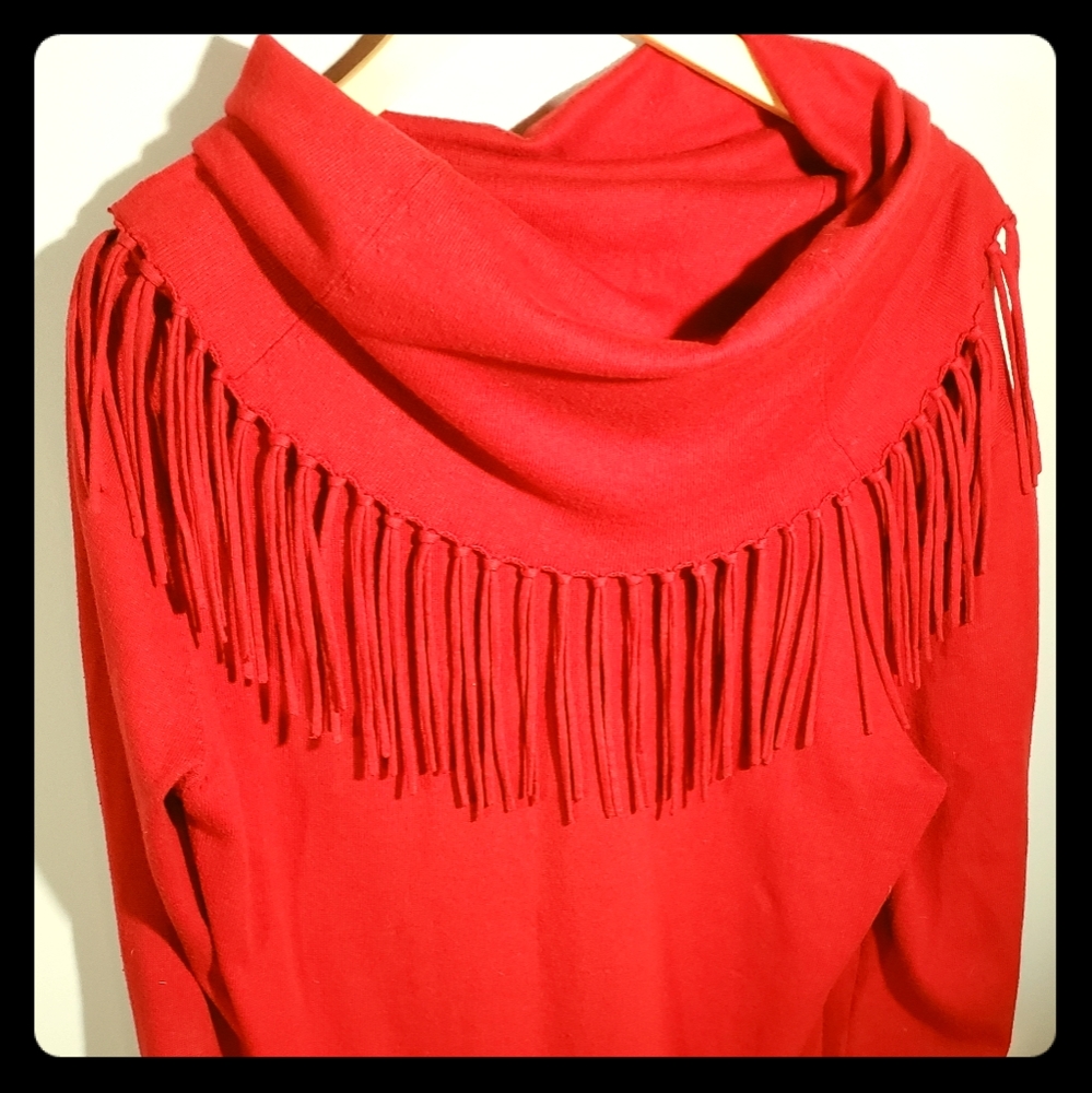 Michael Kors Red Sweater with Fringed Cowl